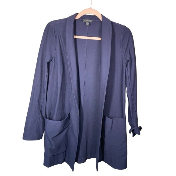 Eileen Fisher‎ Navy Blue Stretch Pockets Open  Front Long Blazer Cardigan Sz XS - Picture 1 of 11